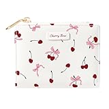 Sunwel Fashion Cherry Prints Rose Wallet Small Bifold Wallet with Zipper Coin Purse Card Holder ID Window for Women Girls (OFF WHITE)