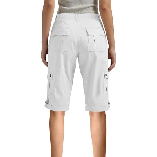 RLEHJN Womens Cargo Shorts Warehouse Clearance, Ladies Knee Length Shorts Cargo Capri Pants with Multiple Pockets Summer Back Half Elasticated Waist Cropped Trousers for Hiking Work Travel Golf White - Image 2