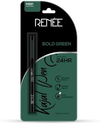 RENEE Kajal Pen with Sharpener - Bold Green 0.35gm 24 Hrs Stay Long Lasting Kohl Pencil, Matte Finish, Rich Color Payoff, Smudge & Water Proof with One Swipe Application Formula