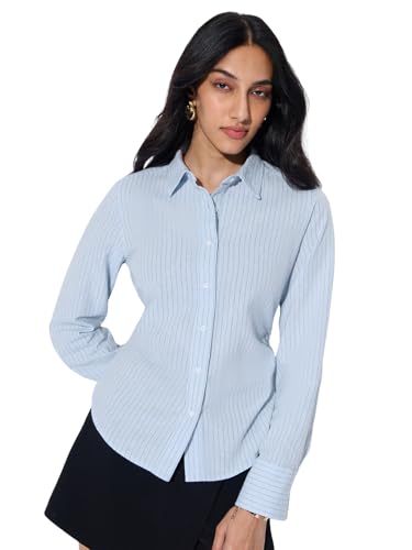 Image of The Souled Store Cotton Linen: High Tide Women and Girls Full Sleeves Spread Collar Light Blue Striped Cotton Linen Blend Regular Fit Lightweight All-Season Shirt