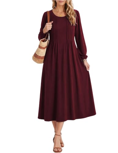 Image of Zeagoo Fall Dresses for Women Long Sleeve Midi Dress Casual A Line Dresses 2026 Pleated Flare Dress with Pockets