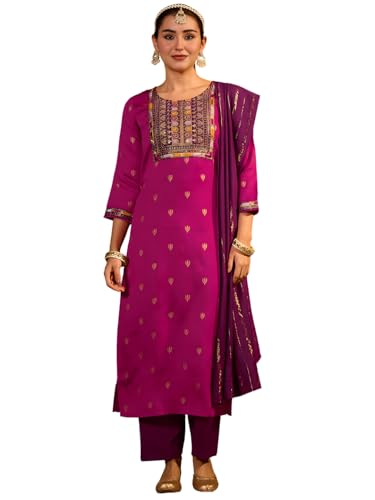 Naixa Women's Vichitra Silk Embroidered A-Line Kurta with Pant an...
