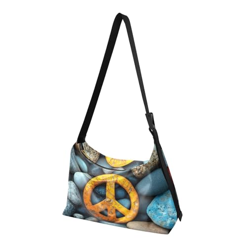 PU Leather Crossbody Bag Peace Sign Pebble Print for Women Men Large Capacity Shoulder Bags Zipper Closure with Fabric Strap