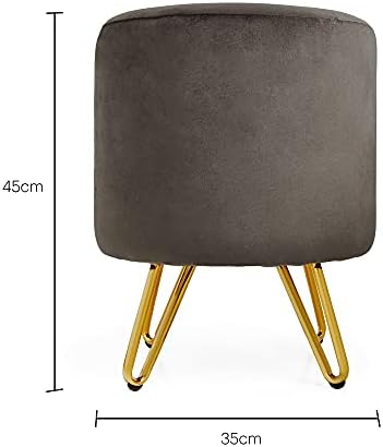 BTFY Grey Velvet Stool  Round Dressing Table Stool with Gold Hairpin Legs  Large Footstool Pouffe - Vanity Seat Chair - Cushioned & Upholstered Footrest for Bedroom, Living Room - H45cm x D35cm