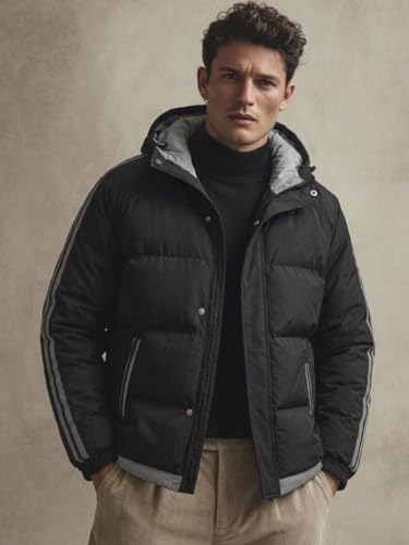 Image of Blaq Ash Men's Hooded Puffer Jacket, Black with Grey Stripe Detail, Quilted Winter Coat
