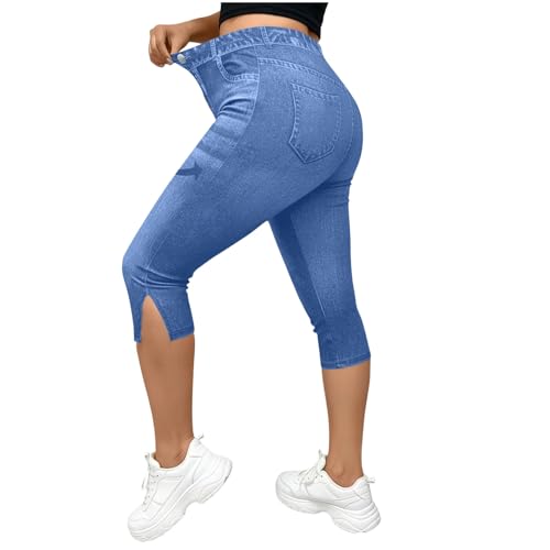 Denim Capris Pants for Women 2026 Stretchy Jean Capris Pull on Jeggings High Waisted Denim Capri Leggings Casual Pants