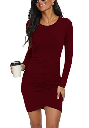 GRECERELLE Women's Casual Fashion Ruched Elegant Bodycon Party Dresses Long Sleeve Wrap Front Irregular Hem Mini Short Dress Wine Red-Medium