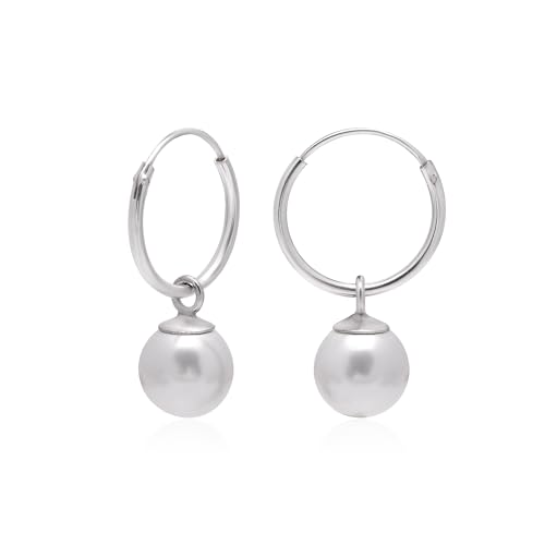 Image of Abhooshan Pure 92.5 Sterling Silver 12mm Hoop Earrings with 8mm hanging White Pearl Designer Drop Stylish Trendy Light weighted Earrings. Best Gift for Wife Mother Daughter Sister Girlfriend Anniversary Marriage Birthday
