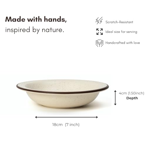 Image of Beyond Homes Ceramic Pasta Plates Shallow, 18cm, Set of 4, White Brown | Matte Finish Ceramic Pasta Bowl | Flat Stoneware Pasta and Maggie Bowl | Chip-Resistant | Microwave Safe; (4, White Brown Rim)