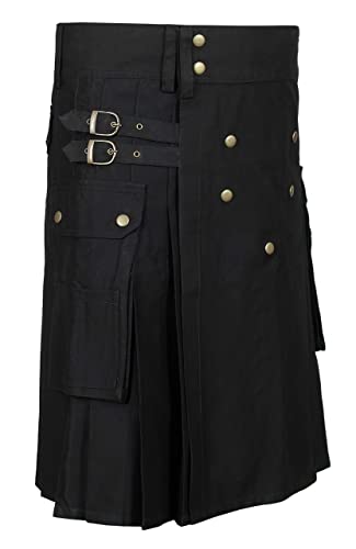 Scottish Designer Utility Kilts for Men Black Cotton Kilt Color & Size Options Available