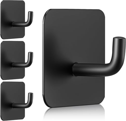 Image of Adhesive Hooks, 4 Pack Self-Adhesive Towel Coat Hooks, Heavy-Duty Wall Hook Hold 5 kgs (Max), Stainless Steel Sticky Hanger, for Bathroom, Kitchen, Hanging Towel, Coat & Keys (Matte Black)