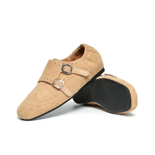 Image of BEAU TODAY Womens Leather Loafers, Monk Platform Loafer Shoes | Cowhide, Brogue Wingtip, Slip-on, Chunky Heel, Comfortable, Non-slip Durable, Business Casual Office Dress Shoes