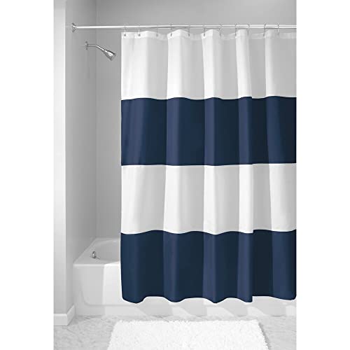 mDesign Cortina de ducha con estampado en bandas horizontales - Accesorio de baño con medidas de 183 cm x 183 cm - Cortinas de baño d y durabilidad - Color: azul marino/blanco