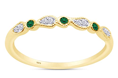 AFFY Round Cut White Natural Diamond & Simulated Green Emerald Stackable Leaf Wedding Band Ring In 14K Gold Plated 925 Sterling Silver (Clarity : I2-I3, Color : I-J, 0.12 Cttw)