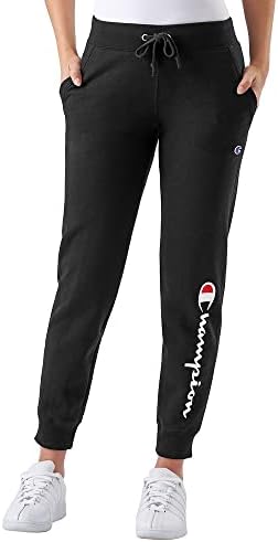 Champion Women's Joggers, Powerblend, Fleece Joggers, Comfortable Pants for Women, 29" (Plus, Black Script, Medium