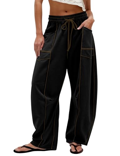 Women Summer Drawstring Baggy Wide Leg Pants Casual High Waist Palazzo Lounge Pants with Pockets