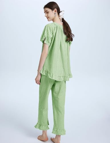 Flygo Womens Plaid 2 Piece Pajamas Sets Gingham Button Down Puff Sleeve Babydoll Shirt Ruffle Pants Y2K Pjs Lounge Set