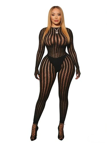 Black Bodystocking for Women Long Sleeve See Through Jumpsuits Sexy Rave Oufits Clubwear (Black)