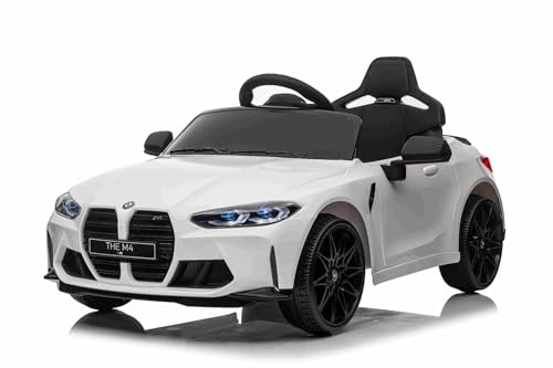 Coche eléctrico para niños BMW M4, Blanco, Mando 2.4 GHz, Entrada USB/Aux, suspensión, batería 12V, Luces LED, 2 X Motor, Licencia Original