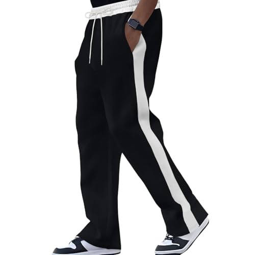 Men's Sweatpants Color Block Side Striped Straight Leg Pants Drawstring Elastic Waist Casual Outdoor Loose Trousers