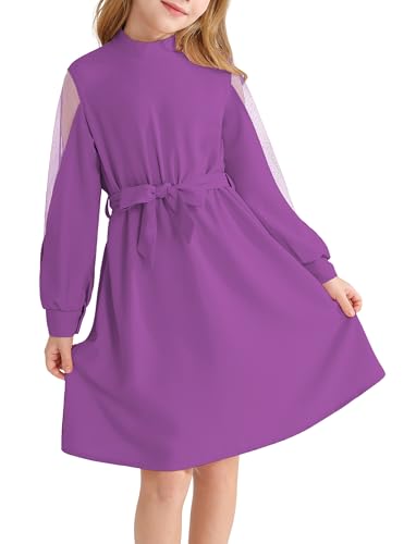 Girl Sheer Mesh Long Sleeve Mock Neck Tie Waist A line Dress for 6-14 Years