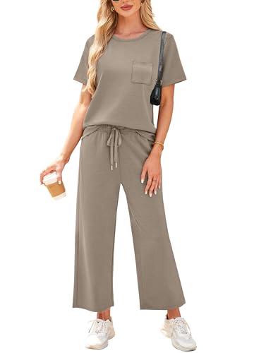 WIHOLL 2 Piece outfits Women fashion lounge wear sets for women uk Casual Summer Travel Vacation Outfits Short Sleeve Wide Pants Coffee XL - Image 2