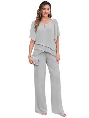 BONOYUER Silver 2 Pieces Mother of the Bride Pant Suits Chiffon Formal Wedding Guest Outfits for Women Dressy 16W