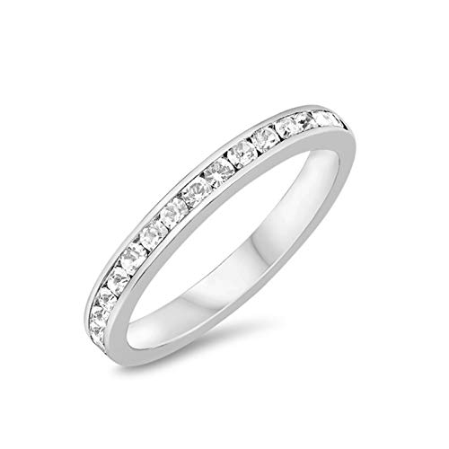 Blue Apple Co. 3mm Full Eternity Band Channel Setting Round Sterling Silver Simulated Cubic Zirconia 925 Sterling Silver Size-8