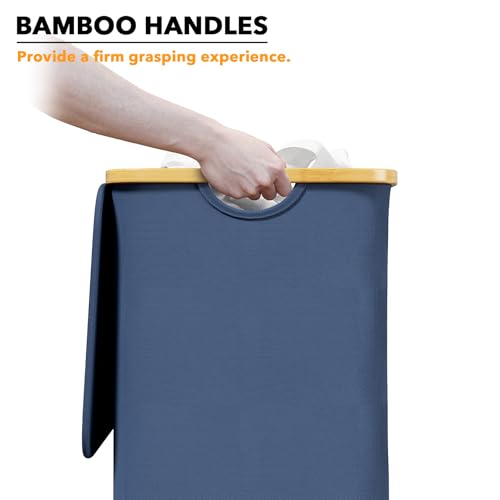 SpaceAid Laundry Hamper with Lid, 110L Large Tall Clothes Basket Bin with Bamboo Handles, Collapsible Laundry Hamper for Bedroom, Bathroom, Dorm, Laundry Room - Blue