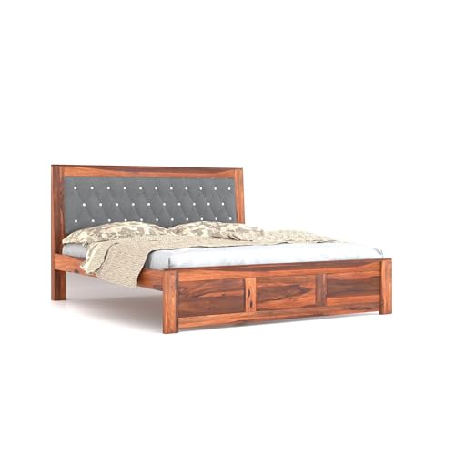 Image of SONA ART & CRAFTS Zeus Solid Sheesham Wood King Size Bed Without Storage (78x72) with 2 Bedside Table, Cushioned Upholstered Beds Double Bed Queen Size Cot for Bedroom (Natural Finish)