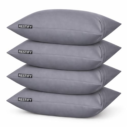 Image of Restify Microfiber Bed Pillow Pack of 4, 24 x 16 Inch Grey | Ultra Soft Sleeping Pillows for Adults | Breathable Velvet Cover | Hotel Quality Pillow for Back, Side & Stomach Sleepers