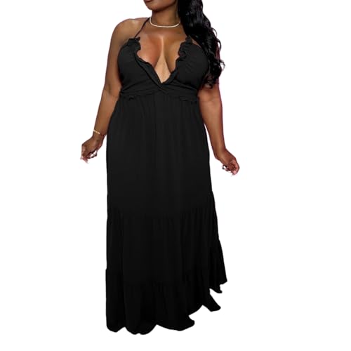 Image of TOPSRANI Womens Sleeveless Maxi Dress Halter Casual Backless Smocked Tiered Ruffle Flowy Sexy Slip Sling Strap Dresses