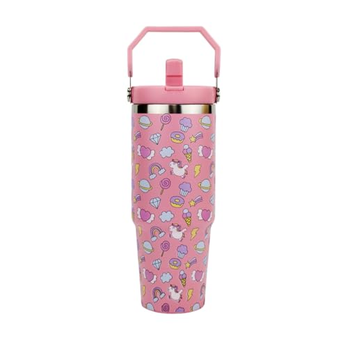 UKR 30 oz Pink Unicorn Kids Tumbler Stainless Steel Insulated Large Water Bottle 900 ml with Handle & Flip Straw Cute Leak-Proof Travel Mug for Girls Cup Holder Friendly