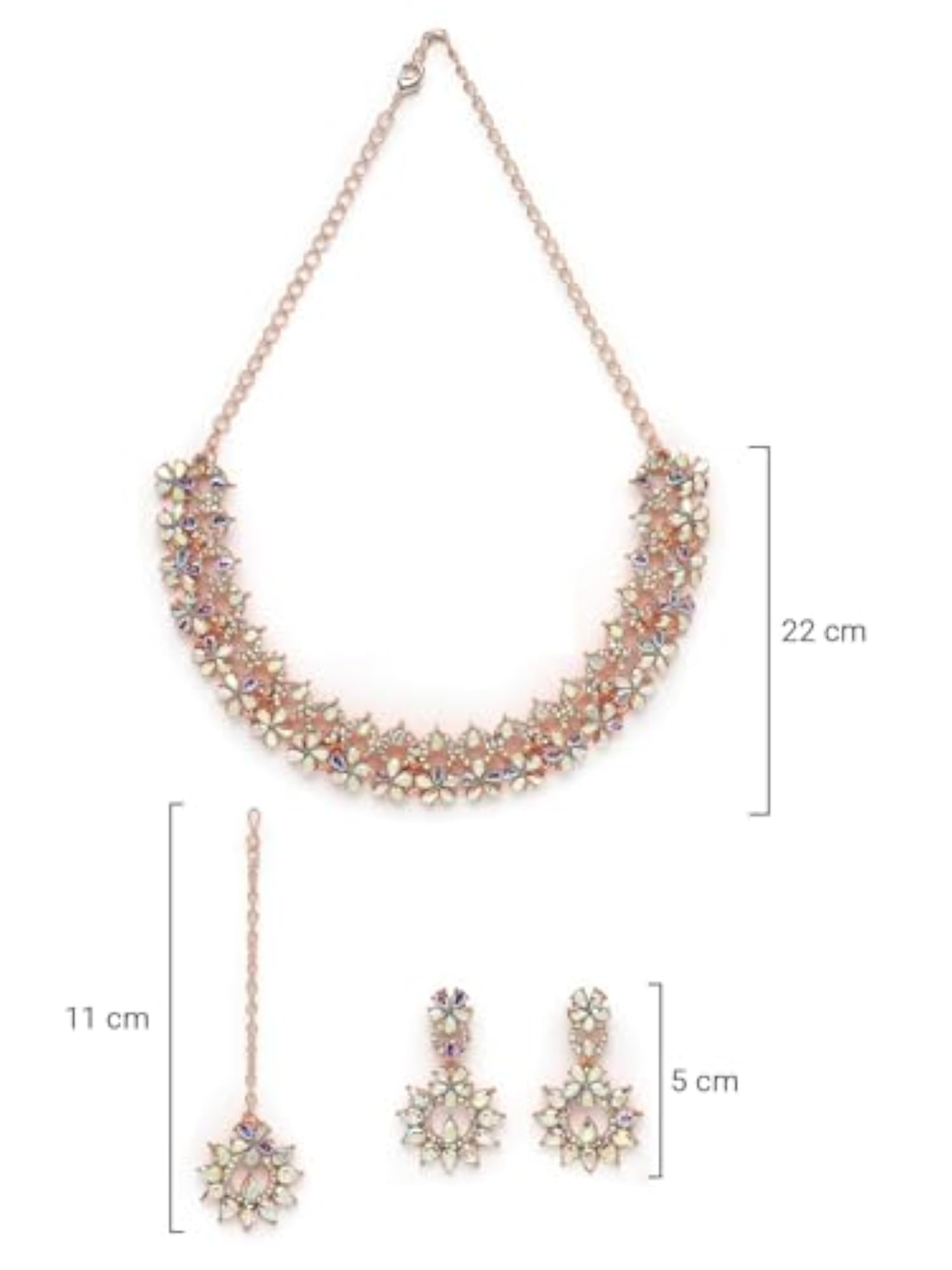 Plated Rainbow Stone Collar Bone Necklace Set With Earring And Maangtika