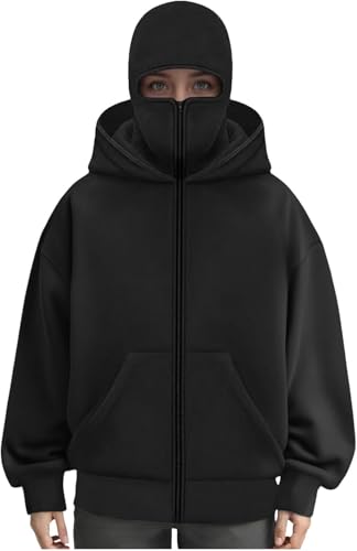 Cute Clad Balaclava Men Zip Hoodie With Face Mask Winter Warm Casual Hoodies Double Layer Hooded Y2K Sports Jacket (Black Small)