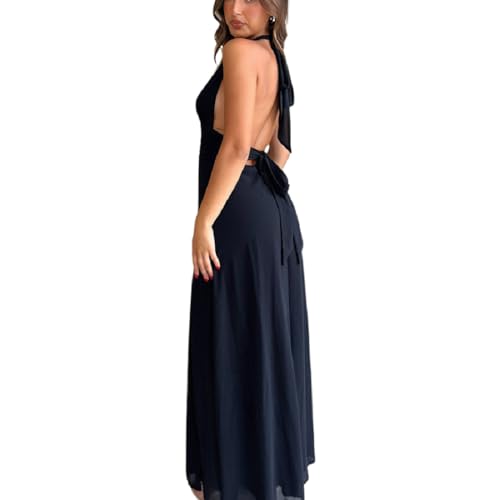 Image of ANKOMINA Women's Sexy V Neck Halter Backless Maxi Dress Ruched High Split Long Bodycon Dresses for Party Cocktail Evening