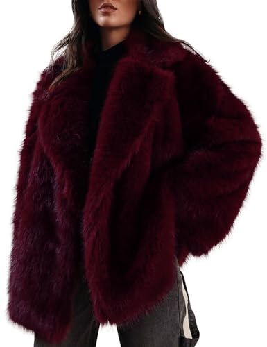 Kissonic Women's Long Faux Fur Coat Lapel Shaggy Winter Jacket Luxury Warm Furry Open Front Outerwear(WineRed-XL)