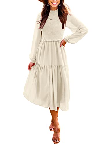 Image of LOGENE Womens Long Sleeve Crew Neck Smocked Elastic Waist Tiered Midi Dress Boho Sun Dresses Beige