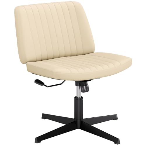 PayLessHere | Criss Cross Chair | Beige | Wide, Armless Desk Chair Without Wheels | 360 Swivel, Height Adjustable & Stable Metal Base | for Office, Home Office, Vanity Seating