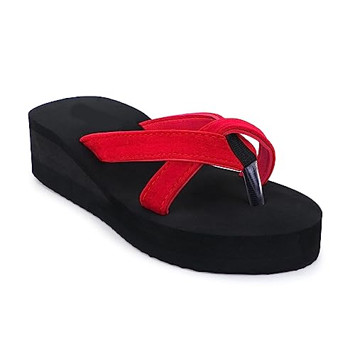 Image of Duosoft Doctor Walk Women's Platform Flip Flops, Black Cross Strap Sandals, Casual Comfort Wedge Slides (Red, UK Footwear Size System, Adult, Women, Numeric, Medium, 8)