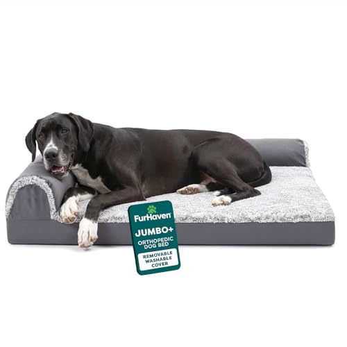 Image of Furhaven Orthopedic Dog Bed for Large Dogs w / Removable Bolsters & Washable Cover, For Dogs Up to 125 lbs - Two-Tone Plush Faux Fur & Suede L Shaped Chaise - Stone Gray, Jumbo Plus /XXL