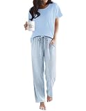 Ekouaer Pajama Sets for Women 2 Piece Short Sleeve Pj Sets With Long Printed Pants Loose Lounge Sets Light Blue Star Medium