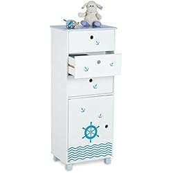 Relaxdays niños Cómoda Infantil Diseño Marinero, 3 Cajones, 1 Puerta, Cajonera Dormitorio Niño, 105x42x30 cm, Blanco y Azul, 100% Tablero de Fibra, 105 x 42 x 30 cm Aprox