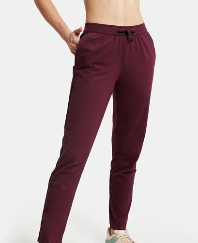 Image of Jockey 1305 Women's Super Combed Cotton Rich Relaxed Fit Mid Rise Trackpants with Contrast Side Piping and Pockets