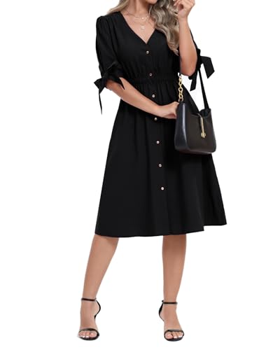 Image of Women Linen Rayon Blend Midi V Neck Button Front Elastic Waist Puff Sleeve Tie Casual Summer Dress