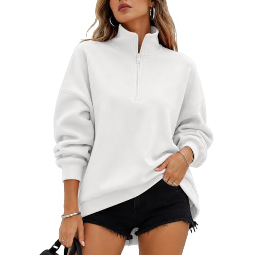 Oversized Quarter Zip Pullover Women Casual Half Zip Sweatshirts White L - image 2