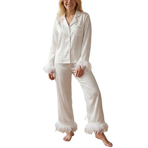 Wobame Womens Satin Pajamas Sets Feather Trim Long Sleeve Button Down Shirt And Elastic Waist Pant Silk Pj Lounge Set (White S)