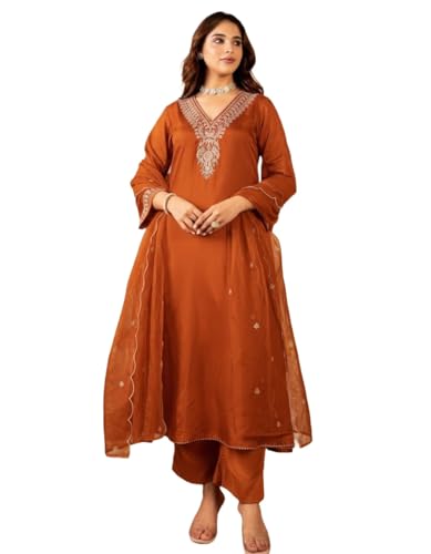 Image of Nermosa Women Embroidery Solid Anarkali Kurta and Pant Set with Dupattas