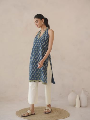 Image of GOODHAND Women Printed Cotton Kurti | Casual Long Kurta | Comfortable Ethnic Wear with Relaxed Fit