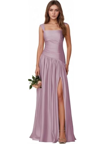 Satin Bridesmaid Dresses Square Neck Formal Evening Gowns for Women Long Wedding Guests Dress with Slit4